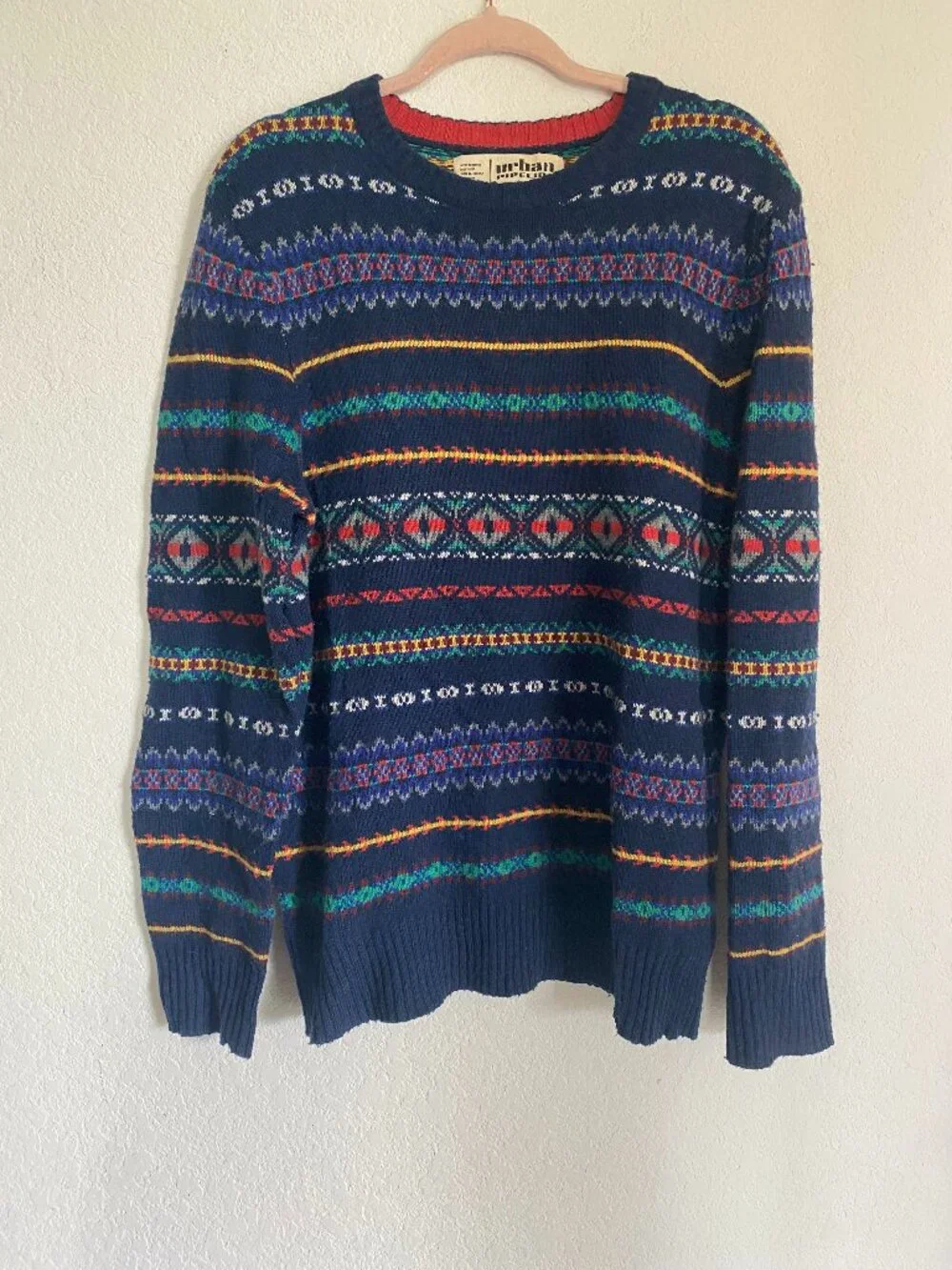 Urban Pipeline Mens L Navy Multi Color Fair Isle Pullover Sweater Crew Neck